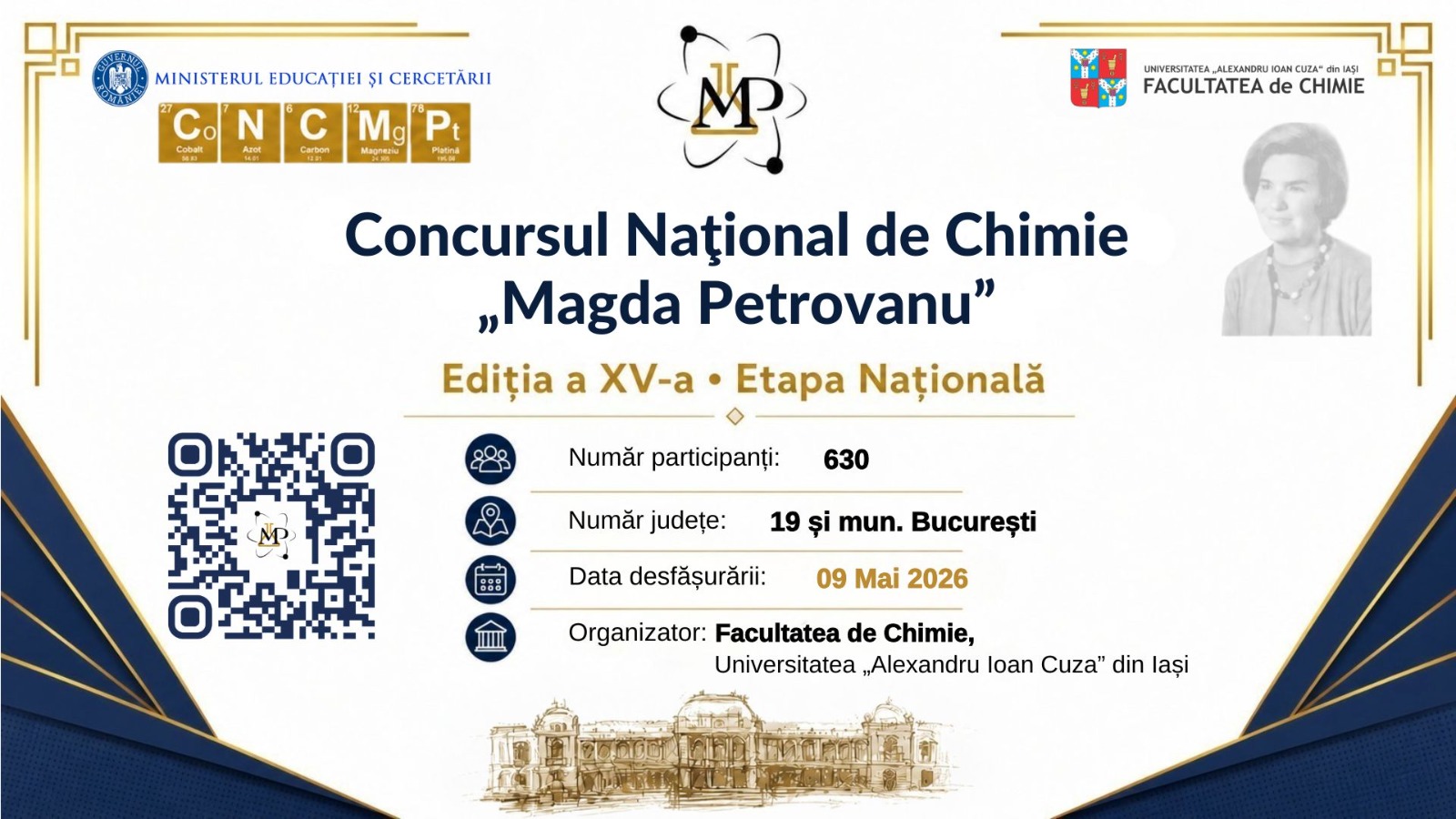 Facultatea de Chimie a Universității „Alexandru Ioan Cuza” din Iași organizează, în ziua de 9 mai 2026, cea de-a XV-a ediție a Concursului Național de Chimie „Magda Petrovanu”.