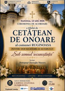 Stimați prieteni, în ziua de duminică, 12 iulie 2026, începând cu ora 13, în ziua Cinstirii Sfintei Icoane a Maicii Domnului „Prodromița” de la Muntele Athos, duminca a VI-a după Rusalii, la Ruginoasa, mai exact în incinta Căminului Cultural din Dumbrăvița, se va desfășura ceremonia de acordare a titlului de cetățean de oanoare al Comunei pentru doi slujitori a sfântului altar.